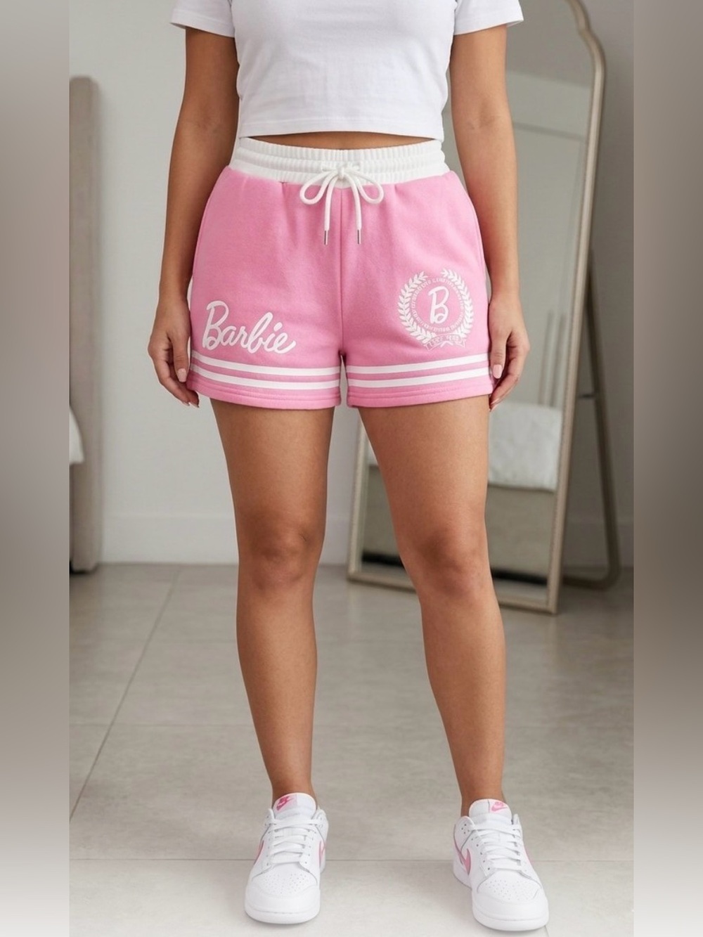 Barbie Pink and white Retro Y2K Drawstring Women's Shorts M